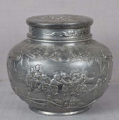 19c Chinese pewter TEA CADDY children at play