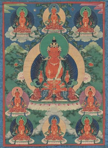 Early 19c Tibetan thangka AMITABHA with 8 manifestations