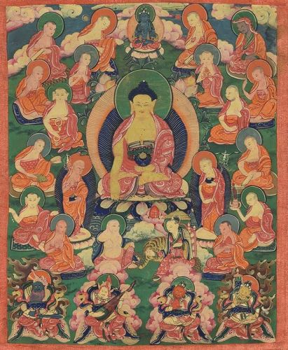 Early 19c Tibetan thangka SHAKYAMUNI with disciples & KINGS