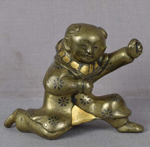 19c Japanese mixed metal SCROLL WEIGHT Chinese boy