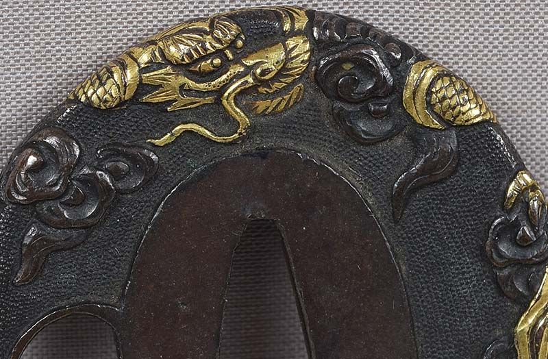 19c shakudo Japanese sword TSUBA DRAGON in clouds