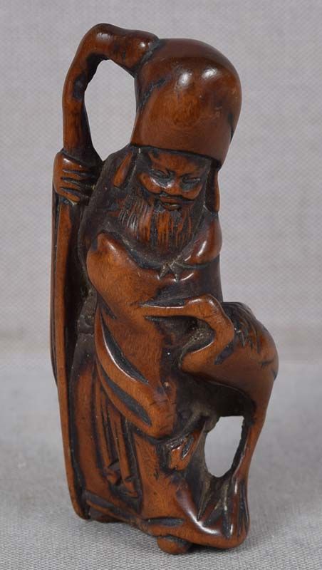 19c netsuke god of longevity JUROJIN with crane