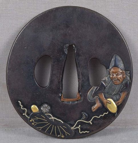 19c shakudo Japanese sword TSUBA man with lotus & bitter melons