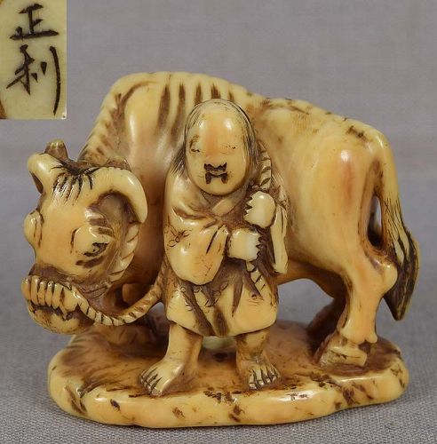 19c netsuke SAGE SOFU with ox by MASATOSHI