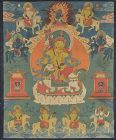 18c Tibetan painting THANGKA VAISHRAVANA 8 attendants
