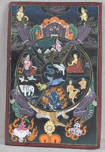 1910s Tibetan thangka on horn BHAVACHAKRA Samsara