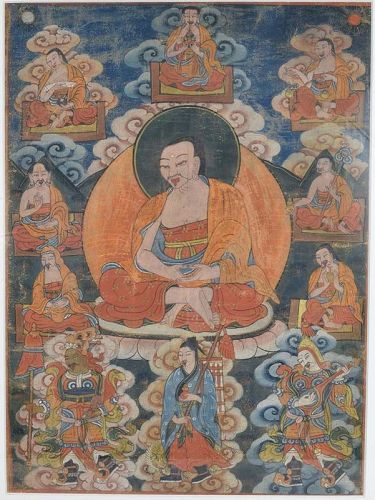 18c Tibetan thangka ARHAT KANAKA BHARADVAJA & 7 other arhat