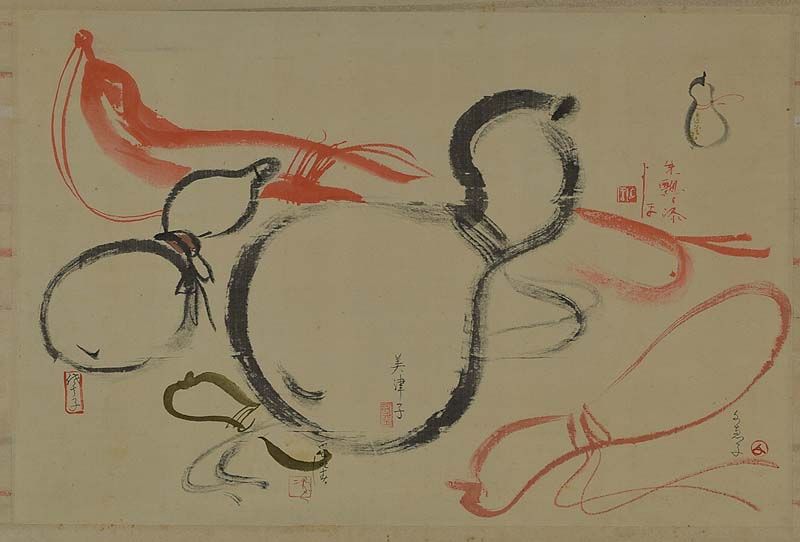 19c Japanese scroll painting DOUBLE GOURDS by 6 artists