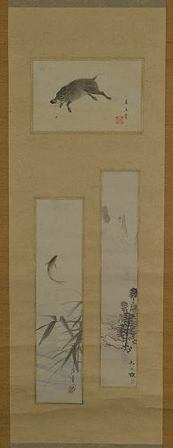 Japanese scroll 3 paintings BOAR CARP LANDSCAPE 3 artists