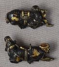 Pair 19c Japanese sword MENUKI BOY & BUFFALOS