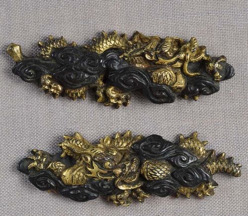 Pair 19c Japanese sword MENUKI DRAGONS in clouds