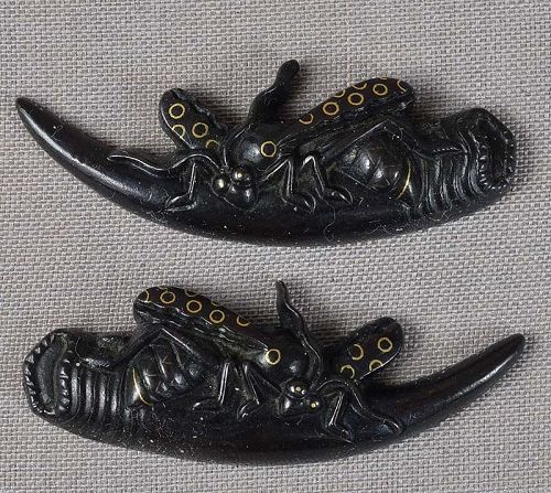 Pair 19c Japanese sword shakudo MENUKI WASPS eggs