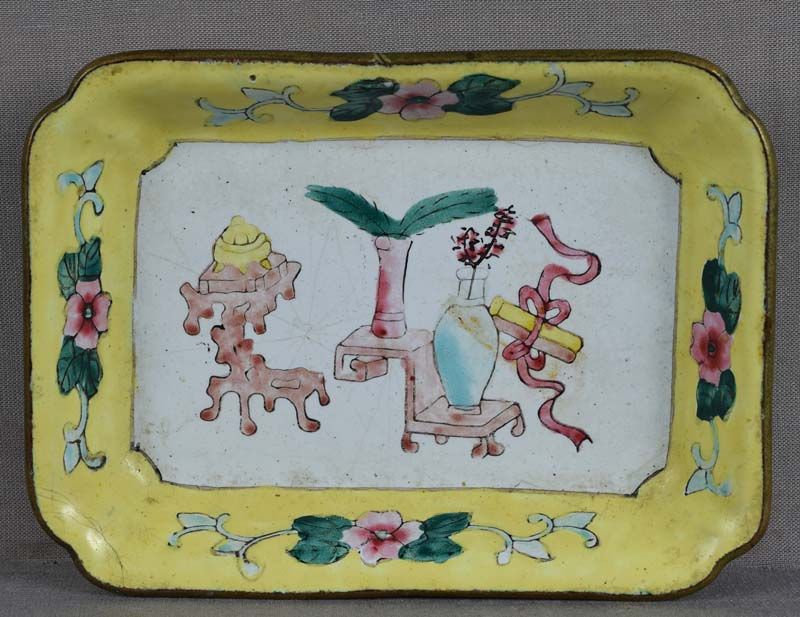 19c Chinese Canton enamel DISH scholar objects