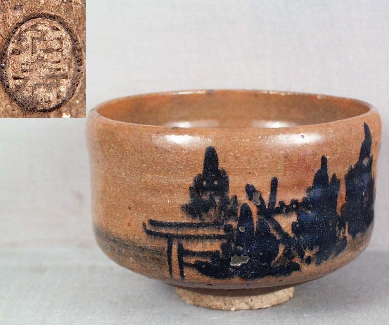 19c Raku CHAWAN tea ceremony bowl TORII gates &amp; pines