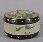 19c Japanese ceramic DRUM BOX moriage grasses tea ceremony