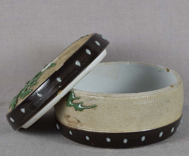 19c Japanese ceramic DRUM BOX moriage grasses tea ceremony
