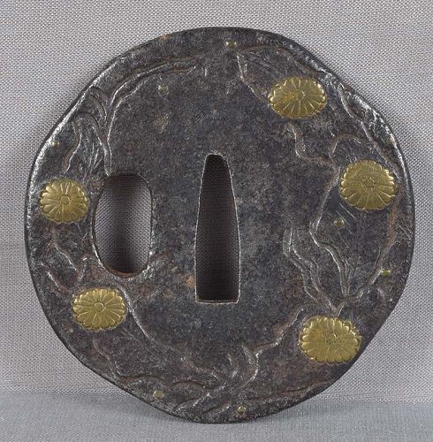 18c Japanese sword TSUBA chrysanthemums