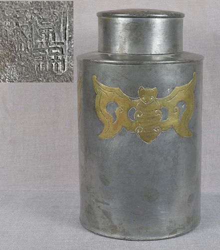 Early 19c Chinese pewter TEA CADDY inlaid BATS long life