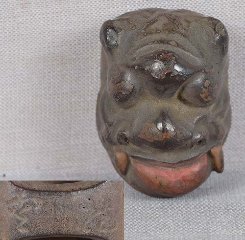 19c netsuke MASK DEMON sticking out tongue by RYUUN