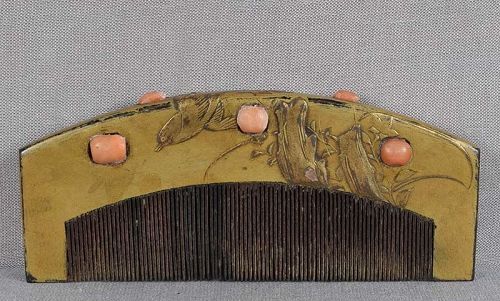 19c-japanese-lacquer-buffalo-horn-kushi-hair-comb-bird-coral-item-1472377