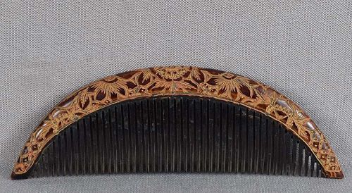 19c Japanese lacquer buffalo horn KUSHI hair comb CARVED FLOWERS