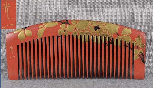 19c Japanese lacquer buffalo horn KUSHI hair comb by KOICHI
