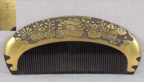 19c Japanese lacquer buffalo horn KUSHI hair comb by GYOKUZAN