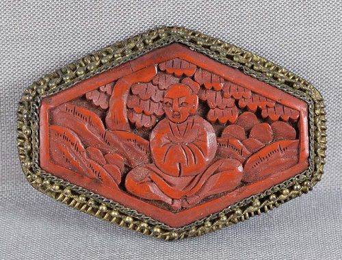 19c Chinese Export cinnabar lacquer BROOCH / PIN scholar rocks