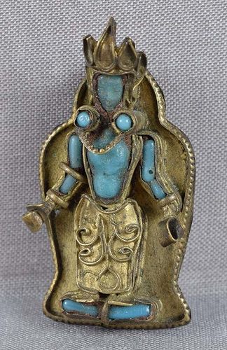 Vintage Tibetan PIN Boddhisattva Amitabha brass & turquoise glass