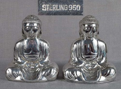 Pair 1930s Japanese silver salts AMIDA BUDDHA