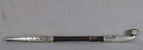 19c Japanese TOBACCO PIPE silver PEONY & butterflies