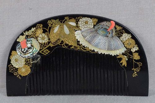 1930s Japanese KUSHI hair COMB magic objects mother of pearl inlays