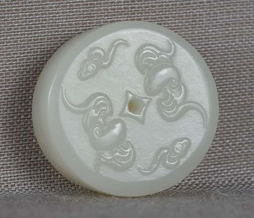 19c Chinese WHITE JADE carving COIN with BATS