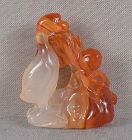 19c Chinese AGATE carving GOOSE & PEONY