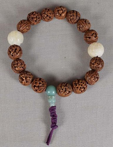 19c Cninese bracelet SCHOLARS fruit pits, agate SHOW beads