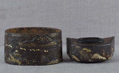 18c Japanese sword Jakushi school FUCHI KASHIRA scholarly landscape