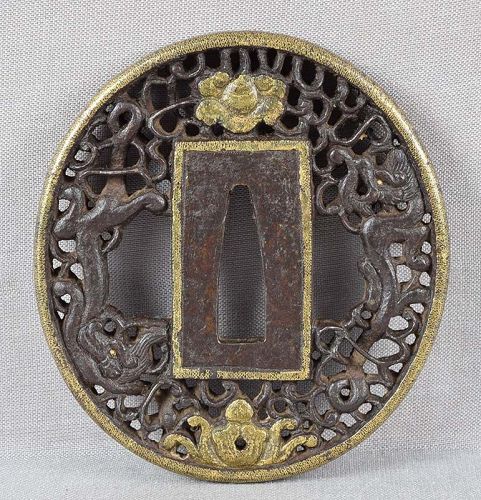 18c Japanese sword TSUBA DRAGONS & Precious Gems