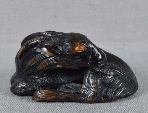 19c netsuke recumbent GOAT amber eyes