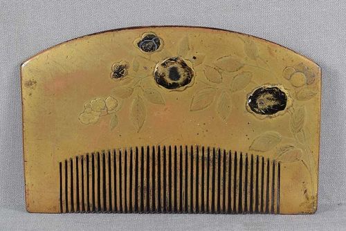 19c Japanese lacquer KUSHI hair COMB flowers on branches