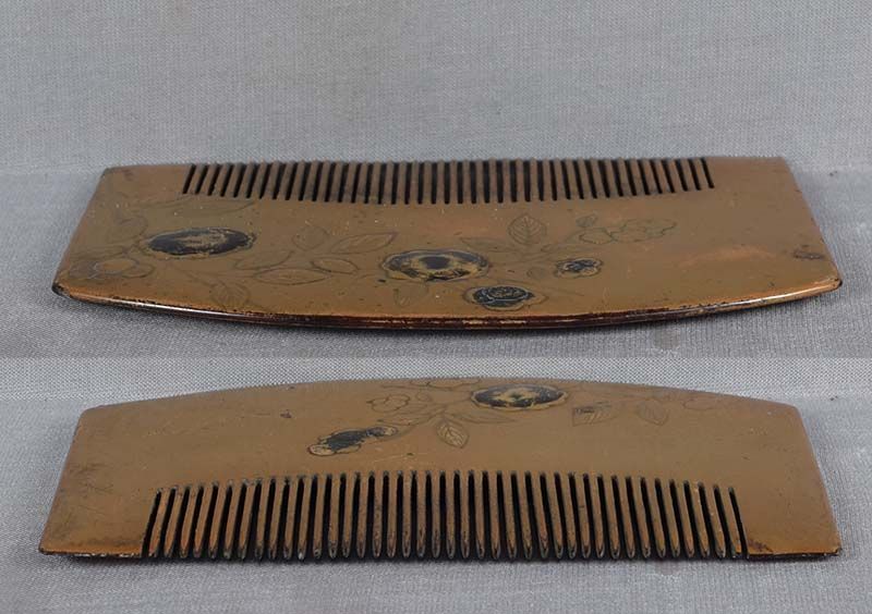 19c Japanese lacquer KUSHI hair COMB flowers on branches