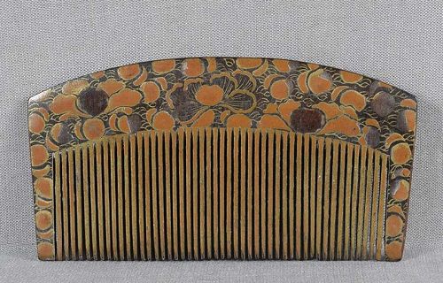 19c Japanese lacquer horn KUSHI hair COMB PEONY FLOWERS