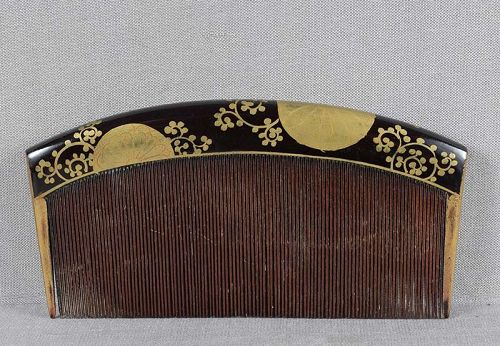 19c Japanese lacquer wood KUSHI hair COMB flowers & vines
