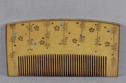 19c Japanese lacquer KUSHI hair COMB branches & silver flowers