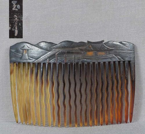 19c Japanese lacquer KUSHI hair COMB turtle shell CASTLE by GYOKUHIRA