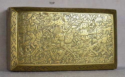 19c PERSIAN brass BETEL BOX lion hunt, murder scene