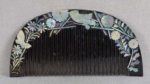19c Japanese KUSHI hair COMB mother of pearl BUTTERFLIES & flowers