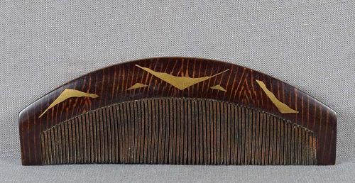 19c Japanese lacquer KUSHI hair COMB wood texture & gold