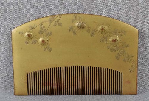 19c Japanese lacquer wood KUSHI hair COMB fruits on branches