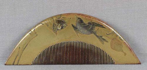 19c Japanese lacquer KUSHI hair COMB long tailed birds