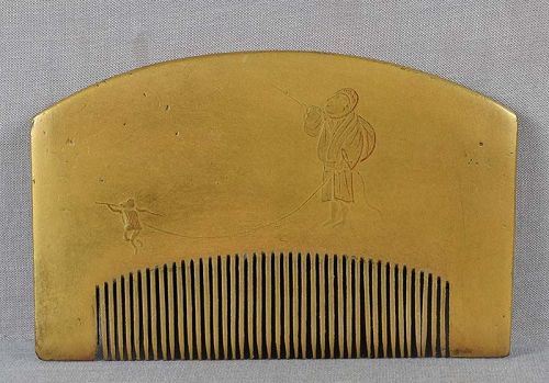 19c Japanese lacquer KUSHI hair COMB monkey trainer & poetry